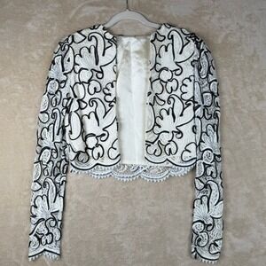 Vintage Style Ivory Lace Black Soutache Cropped Bolero Shrug Jacket Women Small